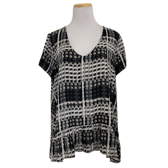 Thakoon Semi Sheer Short Sleeve Geometric Ruffle Hem Top XL Black White Gray - Picture 1 of 13